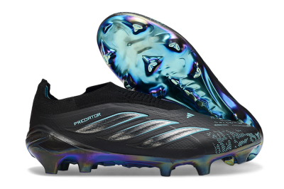 Unisex Adidas Predator 26 Elite Laceless FG Firm Ground Low-Tops Football Boots - Black/Electric Blue/Shimmering Green