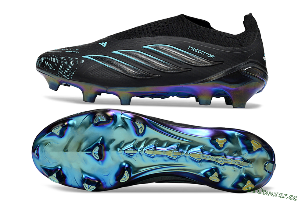 Unisex Adidas Predator 26 Elite Laceless FG Firm Ground Low-Tops Football Boots - Black/Electric Blue/Shimmering Green 1