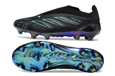 Unisex Adidas Predator 26 Elite Laceless FG Firm Ground Low-Tops Football Boots - Black/Electric Blue/Shimmering Green