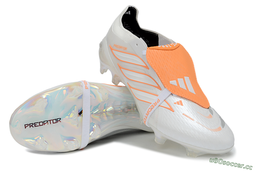 Unisex Adidas Predator 26 Elite Fold-Over Tongue FG Firm Ground Low-Tops Football Boots - White/Vibrant Orange/Metallic Iridescent 3