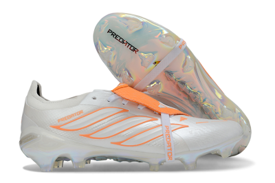 Unisex Adidas Predator 26 Elite Fold-Over Tongue FG Firm Ground Low-Tops Football Boots - White/Vibrant Orange/Metallic Iridescent