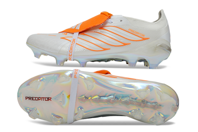 Unisex Adidas Predator 26 Elite Fold-Over Tongue FG Firm Ground Low-Tops Football Boots - White/Vibrant Orange/Metallic Iridescent