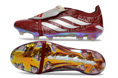 Unisex Adidas Predator 26 Elite Fold-Over Tongue FG Firm Ground Low-Tops Football Boots - Red/Crimson Blaze/Metallic Silver