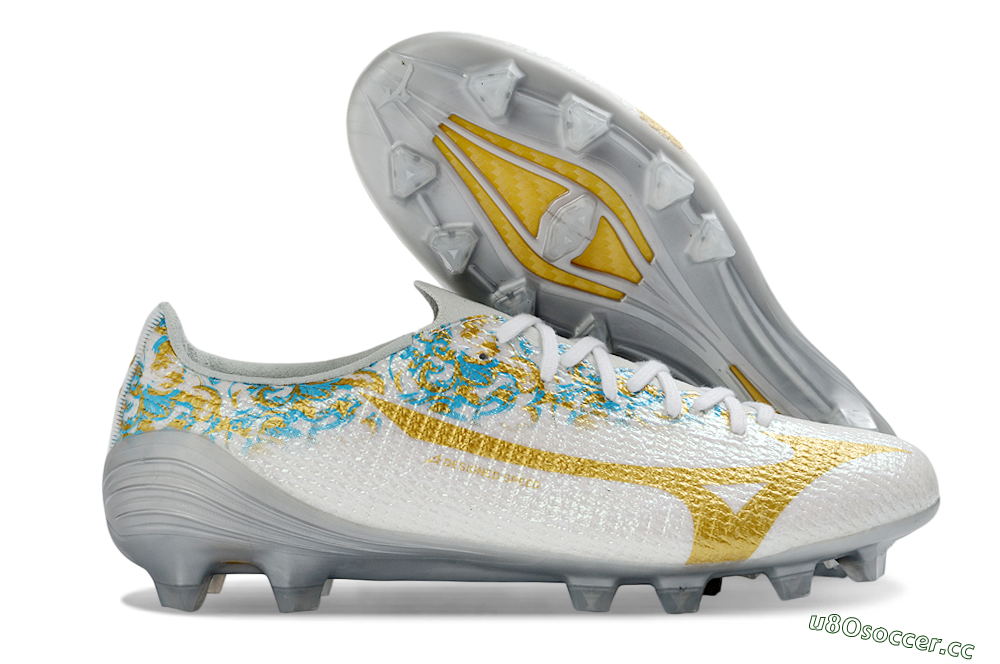 Men's Mizuno Alpha 3 Elite FG Firm Ground Low-Tops Football Boots - White/Golden Shine/Blue Floral 2