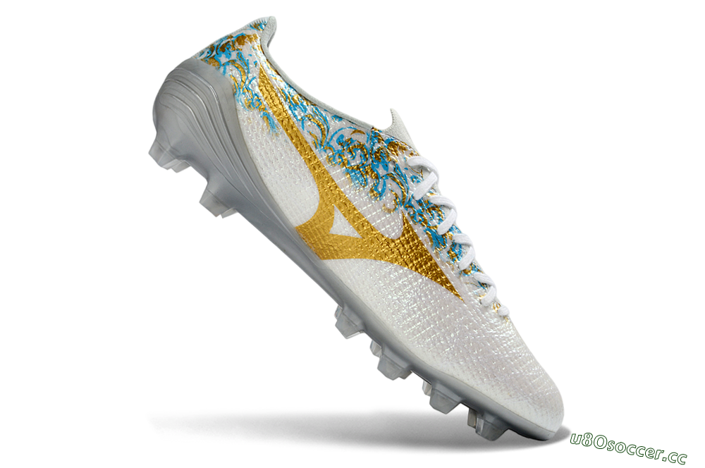 Men's Mizuno Alpha 3 Elite FG Firm Ground Low-Tops Football Boots - White/Golden Shine/Blue Floral 4