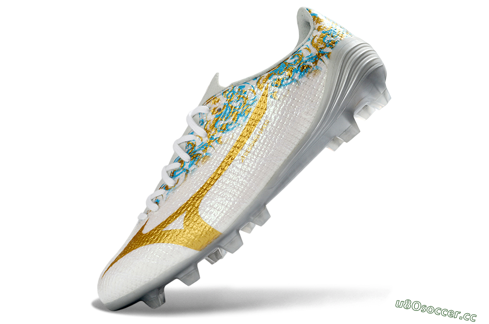 Men's Mizuno Alpha 3 Elite FG Firm Ground Low-Tops Football Boots - White/Golden Shine/Blue Floral 5