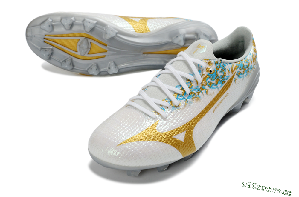 Men's Mizuno Alpha 3 Elite FG Firm Ground Low-Tops Football Boots - White/Golden Shine/Blue Floral 3