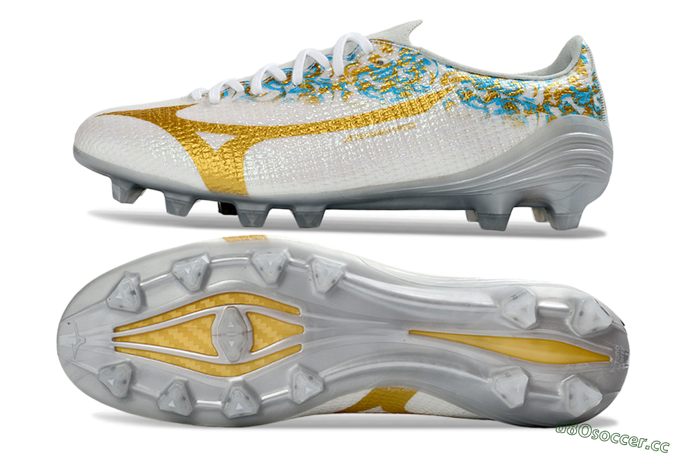 Men's Mizuno Alpha 3 Elite FG Firm Ground Low-Tops Football Boots - White/Golden Shine/Blue Floral 1