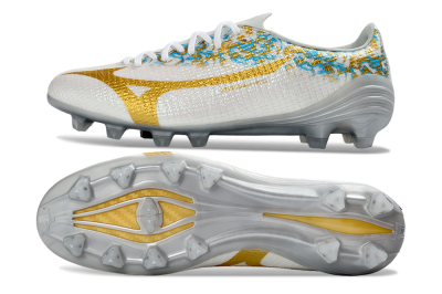 Men's Mizuno Alpha 3 Elite FG Firm Ground Low-Tops Football Boots - White/Golden Shine/Blue Floral