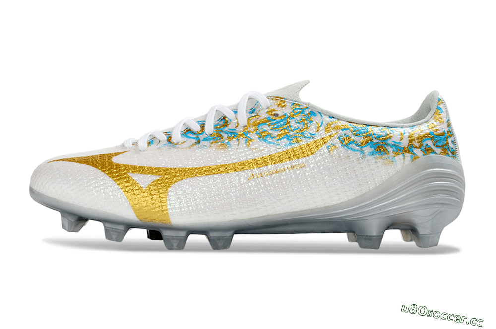 Men's Mizuno Alpha 3 Elite FG Firm Ground Low-Tops Football Boots - White/Golden Shine/Blue Floral 0