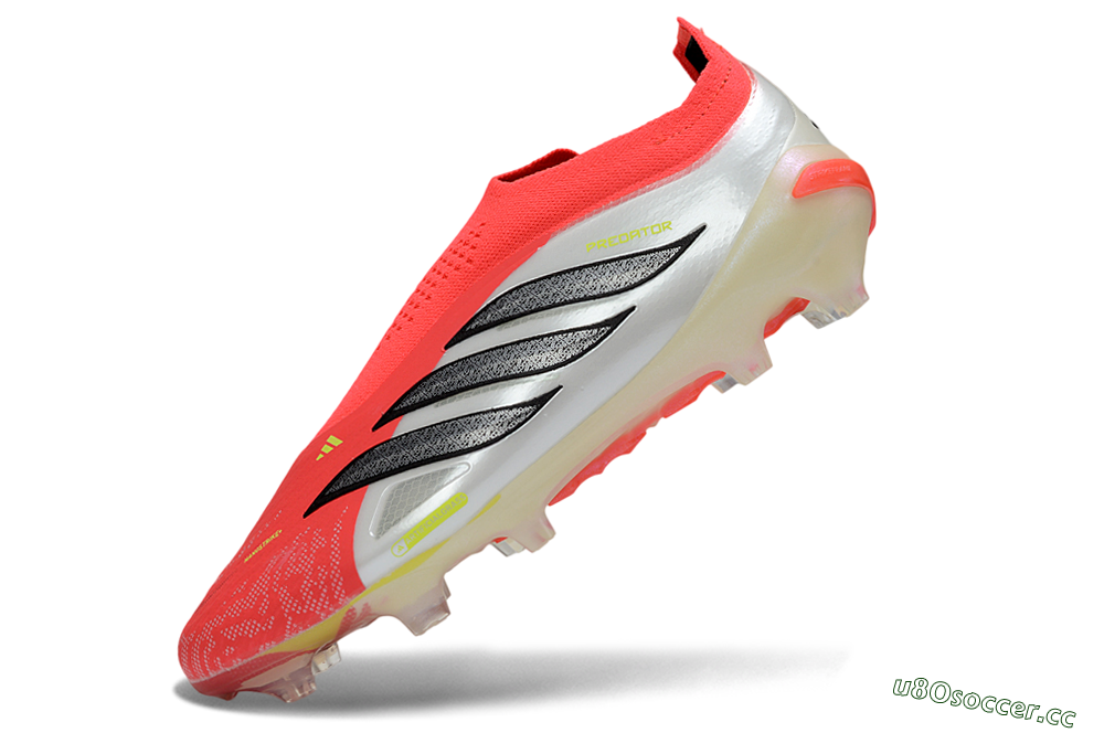 Men's Adidas Predator 26 Elite Laceless FG Firm Ground Low-Tops Football Boots - Red/Neon Orange/Metallic Silver 5