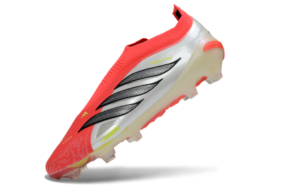 Men's Adidas Predator 26 Elite Laceless FG Firm Ground Low-Tops Football Boots - Red/Neon Orange/Metallic Silver
