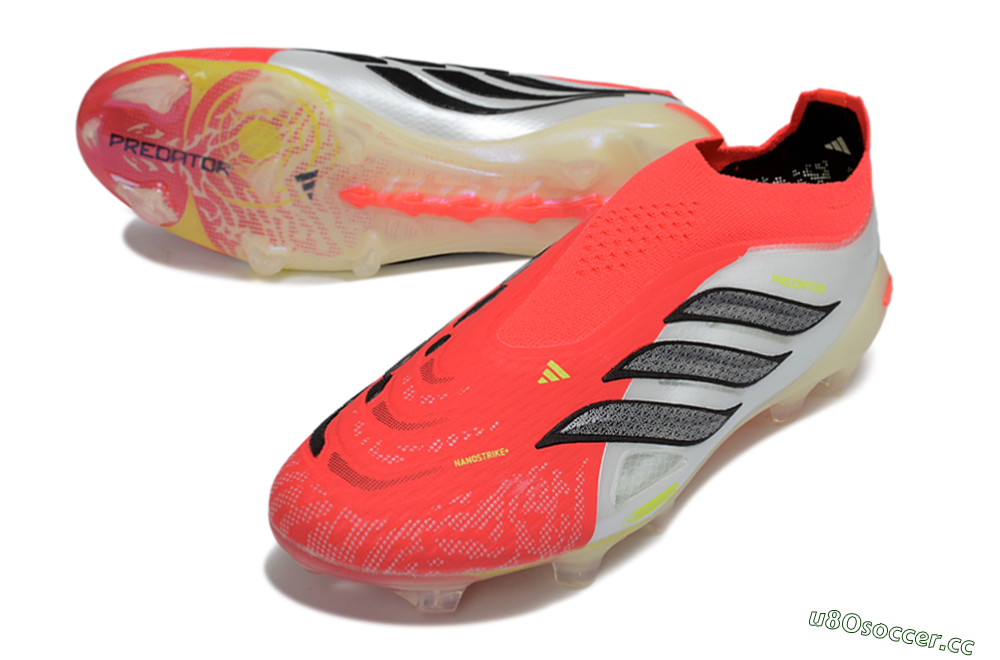 Men's Adidas Predator 26 Elite Laceless FG Firm Ground Low-Tops Football Boots - Red/Neon Orange/Metallic Silver 3