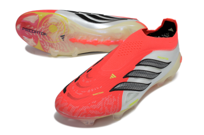 Men's Adidas Predator 26 Elite Laceless FG Firm Ground Low-Tops Football Boots - Red/Neon Orange/Metallic Silver