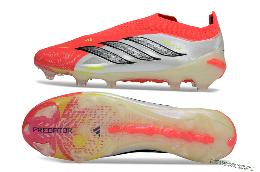 Men's Adidas Predator 26 Elite Laceless FG Firm Ground Low-Tops Football Boots - Red/Neon Orange/Metallic Silver 1