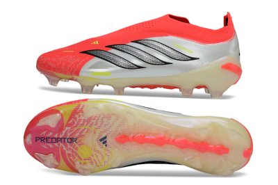 Men's Adidas Predator 26 Elite Laceless FG Firm Ground Low-Tops Football Boots - Red/Neon Orange/Metallic Silver