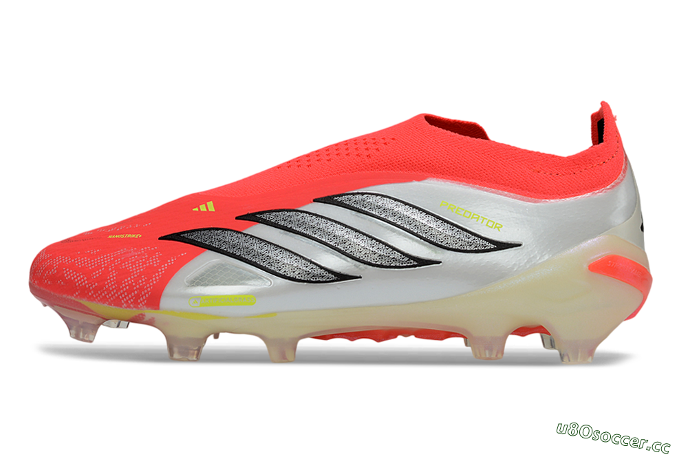 Men's Adidas Predator 26 Elite Laceless FG Firm Ground Low-Tops Football Boots - Red/Neon Orange/Metallic Silver 0
