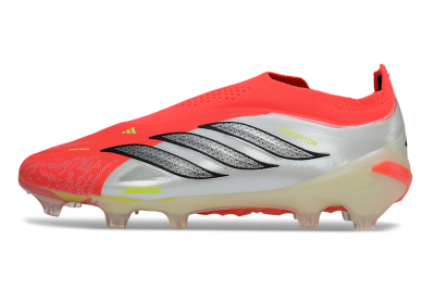 Men's Adidas Predator 26 Elite Laceless FG Firm Ground Low-Tops Football Boots - Red/Neon Orange/Metallic Silver