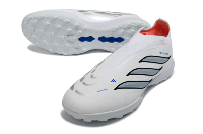 Unisex Adidas Predator 26 Elite Laceless TF Artificial Turf Low-Tops Football Shoes - White/Electric Blue/Light Grey