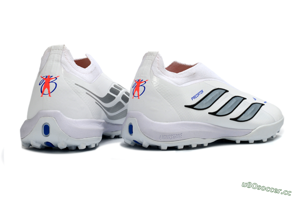 Unisex Adidas Predator 26 Elite Laceless TF Artificial Turf Low-Tops Football Shoes - White/Electric Blue/Light Grey 7