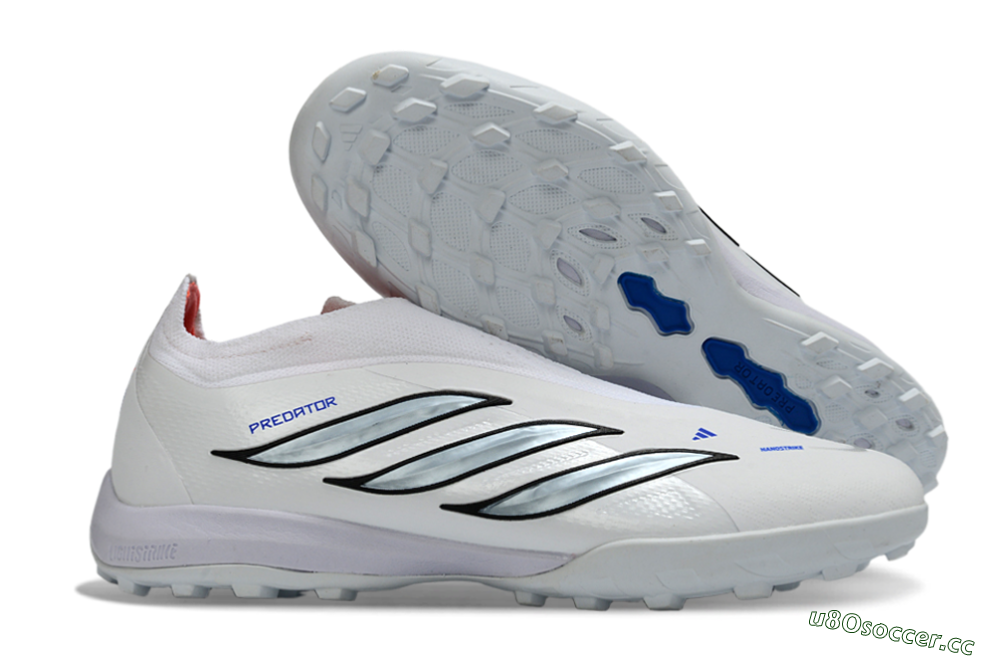 Unisex Adidas Predator 26 Elite Laceless TF Artificial Turf Low-Tops Football Shoes - White/Electric Blue/Light Grey 2