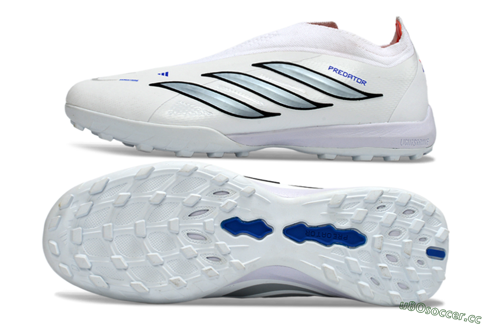 Unisex Adidas Predator 26 Elite Laceless TF Artificial Turf Low-Tops Football Shoes - White/Electric Blue/Light Grey 1
