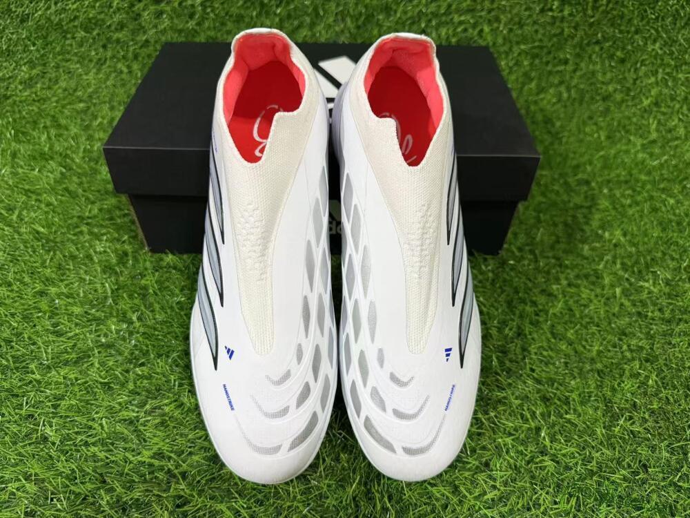 Unisex Adidas Predator 26 Elite Laceless TF Artificial Turf Low-Tops Football Shoes - White/Electric Blue/Light Grey