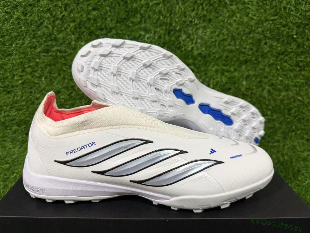 Unisex Adidas Predator 26 Elite Laceless TF Artificial Turf Low-Tops Football Shoes - White/Electric Blue/Light Grey
