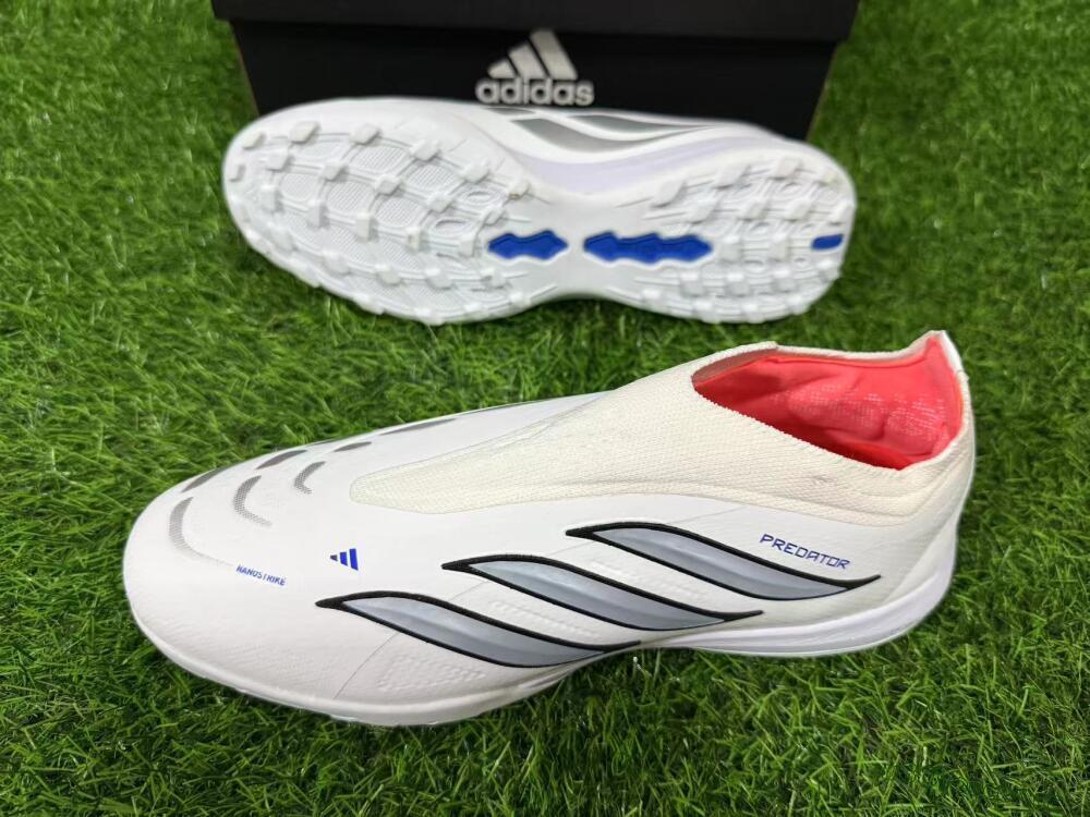 Unisex Adidas Predator 26 Elite Laceless TF Artificial Turf Low-Tops Football Shoes - White/Electric Blue/Light Grey