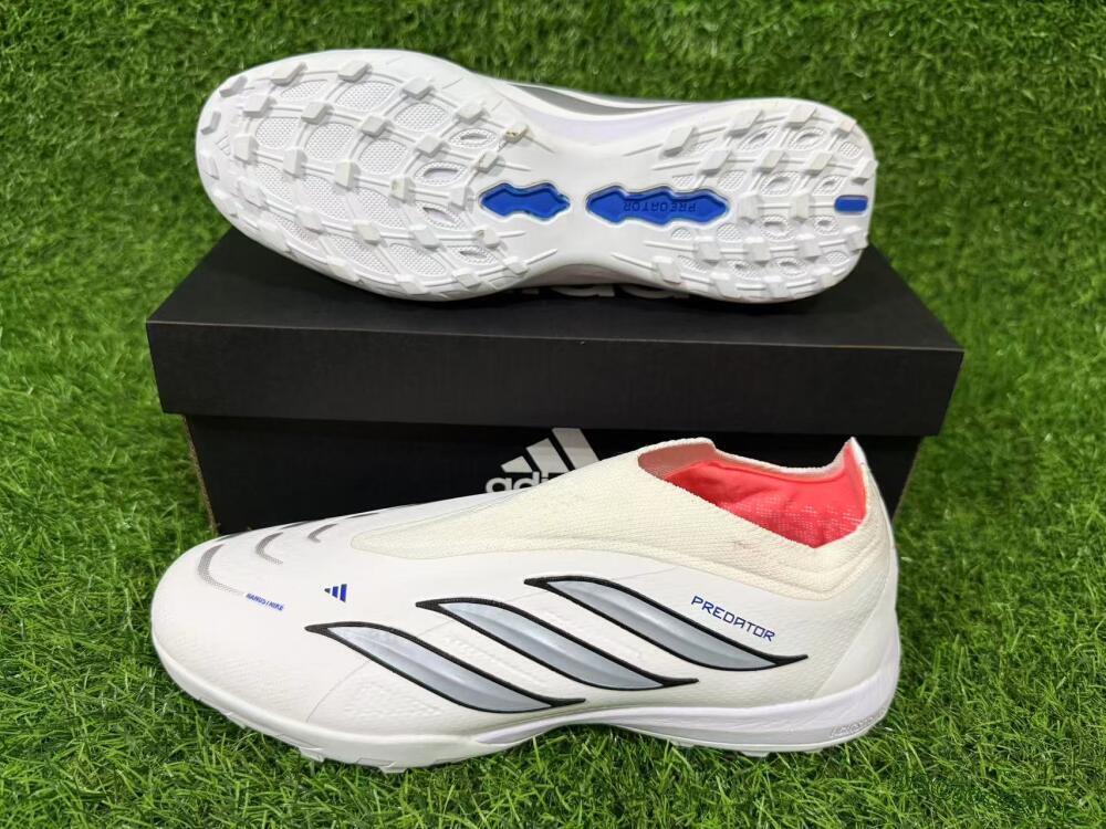Unisex Adidas Predator 26 Elite Laceless TF Artificial Turf Low-Tops Football Shoes - White/Electric Blue/Light Grey