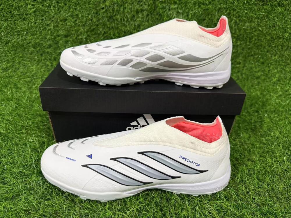 Unisex Adidas Predator 26 Elite Laceless TF Artificial Turf Low-Tops Football Shoes - White/Electric Blue/Light Grey