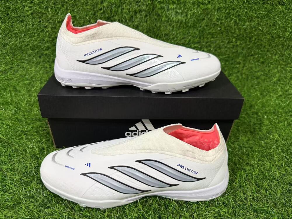 Unisex Adidas Predator 26 Elite Laceless TF Artificial Turf Low-Tops Football Shoes - White/Electric Blue/Light Grey