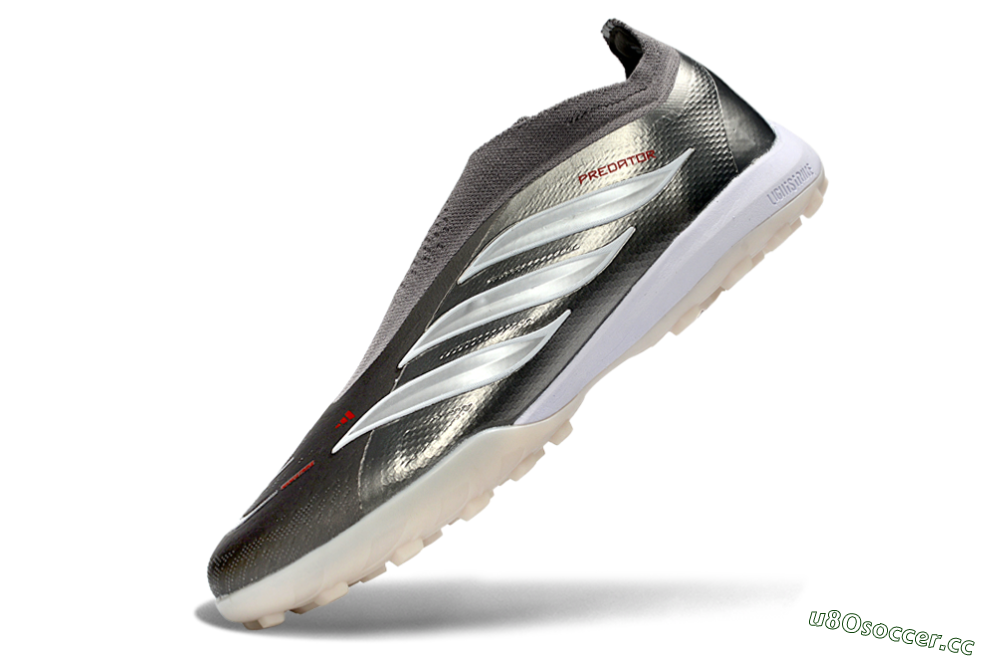 Unisex Adidas Predator 26 Elite Laceless TF Artificial Turf Low-Tops Football Shoes - Grey/Metallic Silver/Crimson Red 6