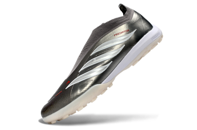 Unisex Adidas Predator 26 Elite Laceless TF Artificial Turf Low-Tops Football Shoes - Grey/Metallic Silver/Crimson Red