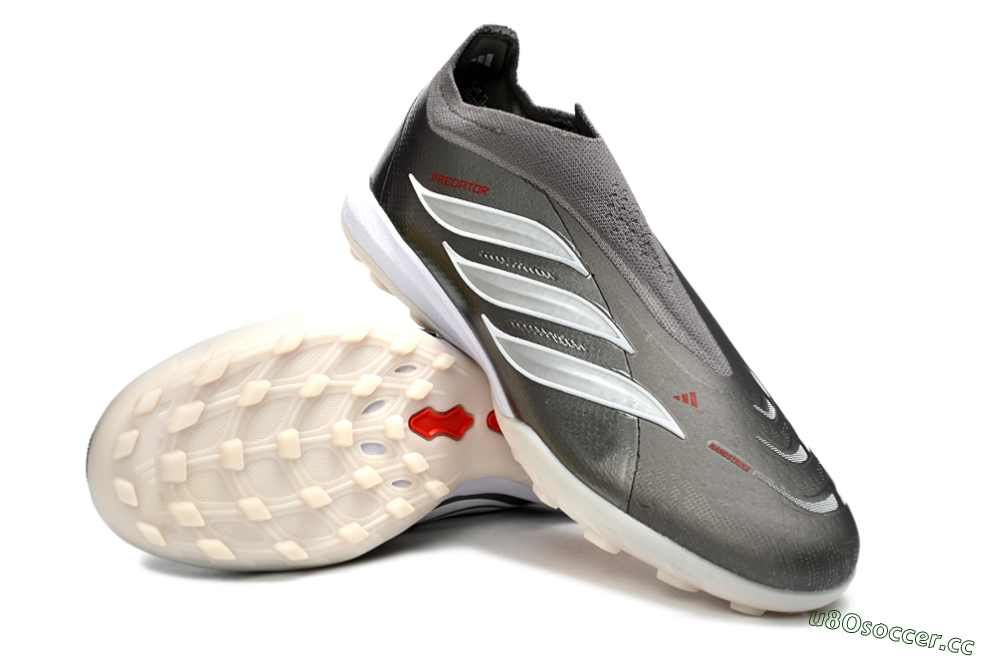Unisex Adidas Predator 26 Elite Laceless TF Artificial Turf Low-Tops Football Shoes - Grey/Metallic Silver/Crimson Red 4