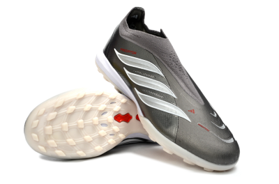 Unisex Adidas Predator 26 Elite Laceless TF Artificial Turf Low-Tops Football Shoes - Grey/Metallic Silver/Crimson Red