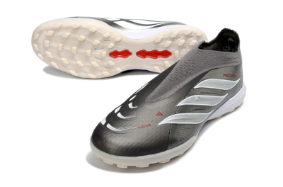 Unisex Adidas Predator 26 Elite Laceless TF Artificial Turf Low-Tops Football Shoes - Grey/Metallic Silver/Crimson Red