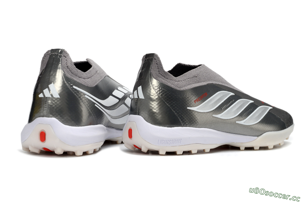 Unisex Adidas Predator 26 Elite Laceless TF Artificial Turf Low-Tops Football Shoes - Grey/Metallic Silver/Crimson Red 7