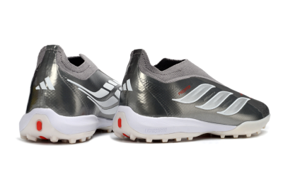 Unisex Adidas Predator 26 Elite Laceless TF Artificial Turf Low-Tops Football Shoes - Grey/Metallic Silver/Crimson Red