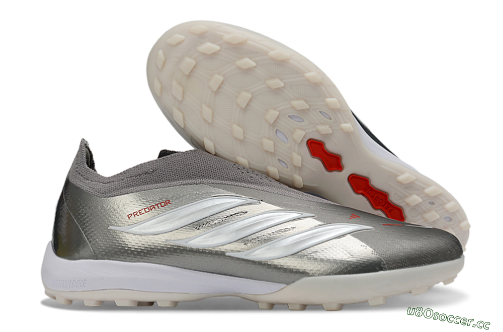 Unisex Adidas Predator 26 Elite Laceless TF Artificial Turf Low-Tops Football Shoes - Grey/Metallic Silver/Crimson Red 2
