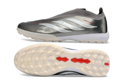 Unisex Adidas Predator 26 Elite Laceless TF Artificial Turf Low-Tops Football Shoes - Grey/Metallic Silver/Crimson Red