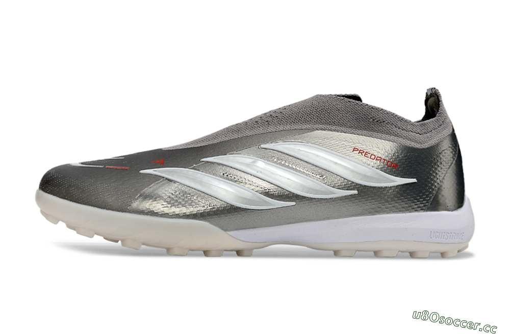 Unisex Adidas Predator 26 Elite Laceless TF Artificial Turf Low-Tops Football Shoes - Grey/Metallic Silver/Crimson Red 0