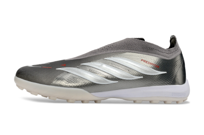 Unisex Adidas Predator 26 Elite Laceless TF Artificial Turf Low-Tops Football Shoes - Grey/Metallic Silver/Crimson Red