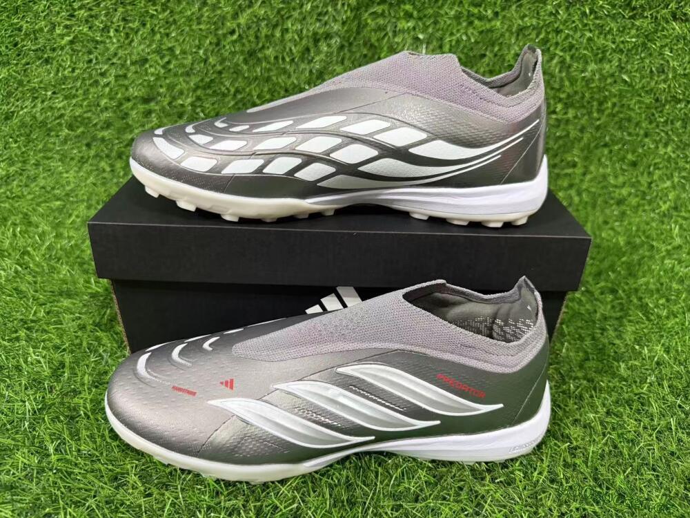 Unisex Adidas Predator 26 Elite Laceless TF Artificial Turf Low-Tops Football Shoes - Grey/Metallic Silver/Crimson Red