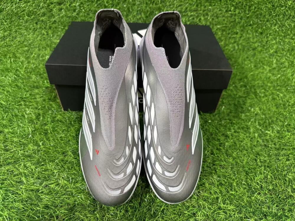 Unisex Adidas Predator 26 Elite Laceless TF Artificial Turf Low-Tops Football Shoes - Grey/Metallic Silver/Crimson Red