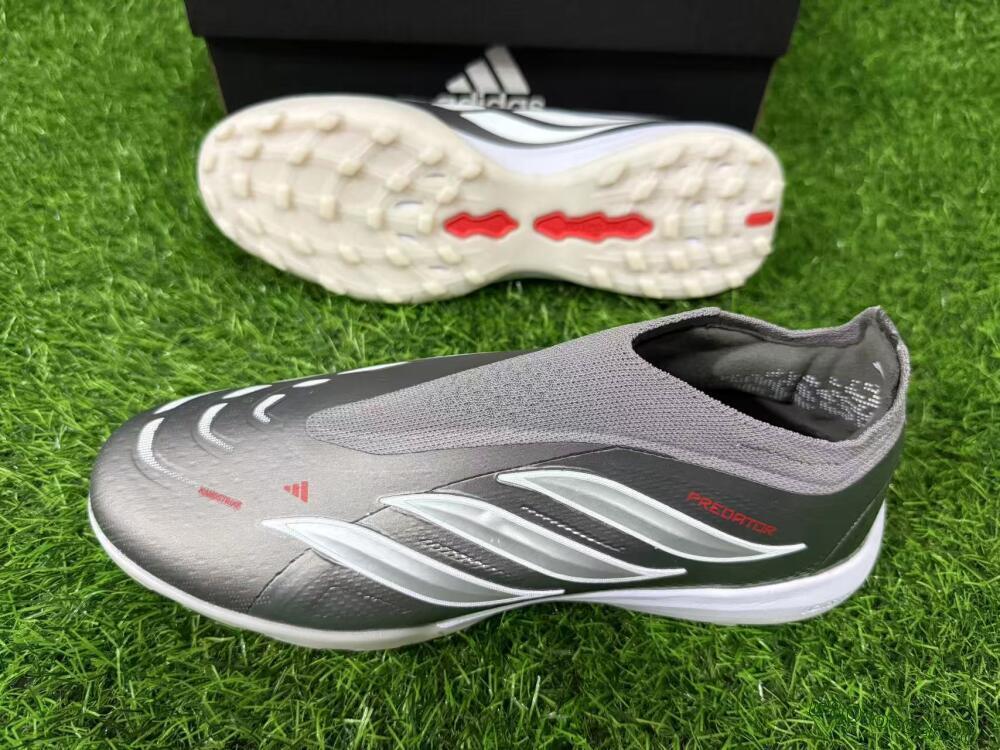 Unisex Adidas Predator 26 Elite Laceless TF Artificial Turf Low-Tops Football Shoes - Grey/Metallic Silver/Crimson Red