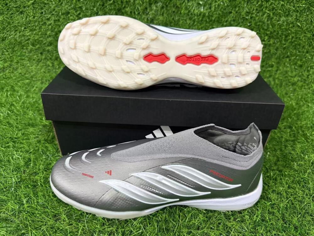 Unisex Adidas Predator 26 Elite Laceless TF Artificial Turf Low-Tops Football Shoes - Grey/Metallic Silver/Crimson Red