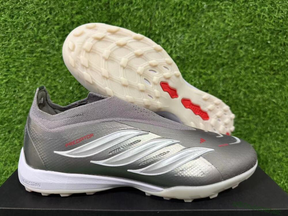 Unisex Adidas Predator 26 Elite Laceless TF Artificial Turf Low-Tops Football Shoes - Grey/Metallic Silver/Crimson Red