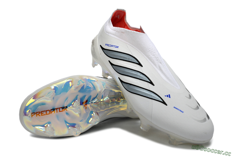 Unisex Adidas Predator 26 Elite Laceless FG Firm Ground Low-Tops Football Boots - White/Iridium Silver/Black 4