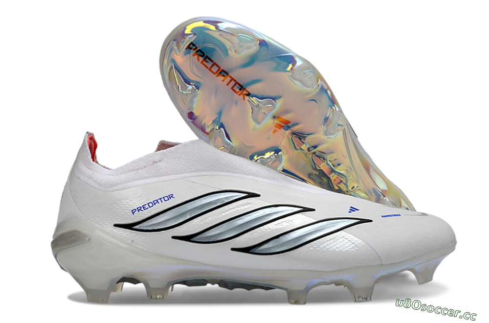 Unisex Adidas Predator 26 Elite Laceless FG Firm Ground Low-Tops Football Boots - White/Iridium Silver/Black 2